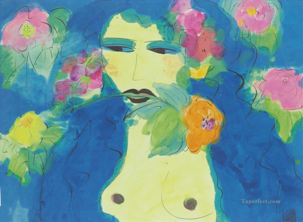 口に花を持つ女性（モダン）油絵